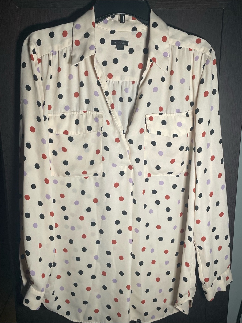 Ann Taylor Ivory Button-Down Blouse with Black, Red & Lavender Polka Dots